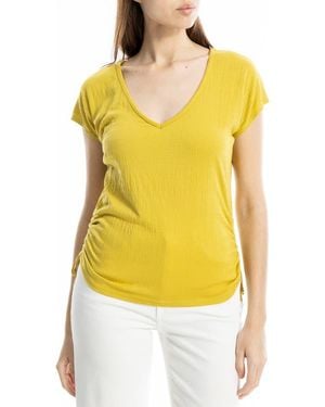 Max Studio Cap Sleeve Ruched Crinkled Knit Top - Yellow