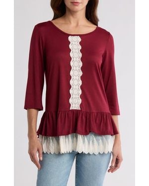Forgotten Grace Lace Trim Long Sleeve Peplum Top - Red