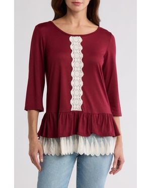 Forgotten Grace Lace Trim Long Sleeve Peplum Top - Red