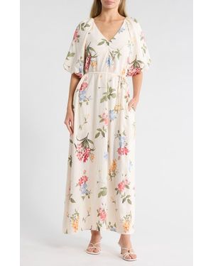 Ellen Tracy Floral Puff Sleeve Maxi Dress - White