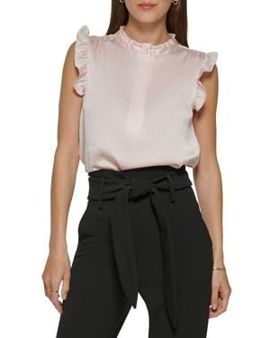 DKNY Ruffle Sleeve Covered Half Placket Satin Top - Black