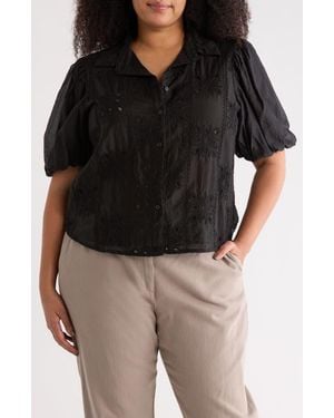 Forgotten Grace Eyelet Puff Sleeve Button-Up Shirt - Black