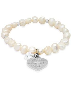 HMY Jewelry Mom Cross Heart Charm Stainless Steel Simulated Diamond Imitation Pearl Stretch Bracelet - White