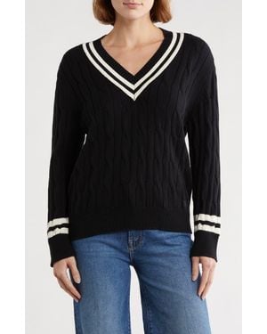 DKNY Tipped Stripe V-Neck Cotton Sweater - Black