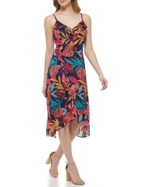 Kensie Tropical Print Ruffle Chiffon Midi Dress - Red