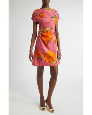 Lela Rose Floral Print Shirred Cap Sleeve Cotton Poplin Minidress - Orange