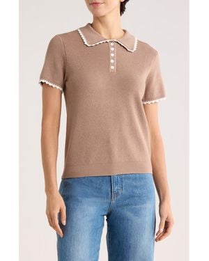 Adrianna Papell Contrast Trim Polo Sweater - Brown