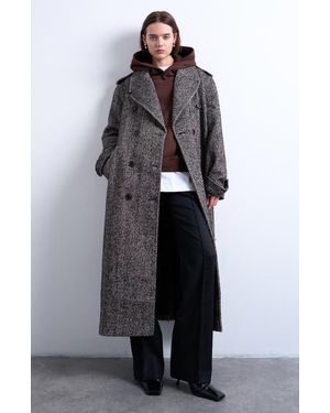 TOPSHOP Belted Herringbone Longline Coat - Gray