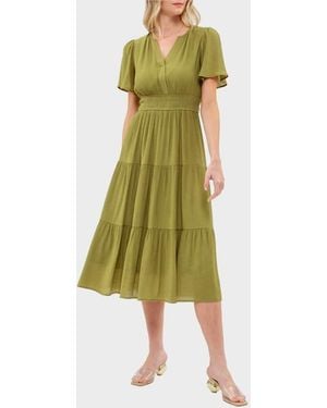 AUGUST SKY Split Neck Tiered Midi Dress - Green