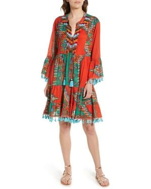 BAROK PARIS Beaded Tassel Long Sleeve Cotton Dress - Red