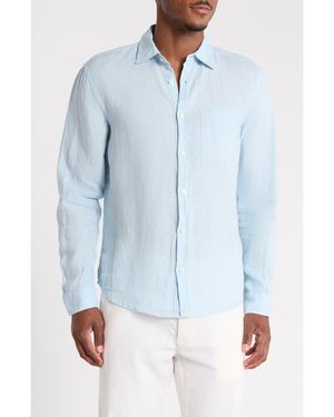 Denim and Flower Linen Long Sleeve Button-Down Shirt - Blue