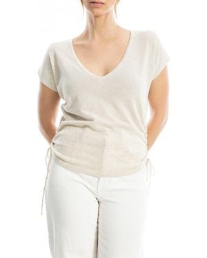 Max Studio Side Ruched Short Sleeve V-Neck Sweater - Natural