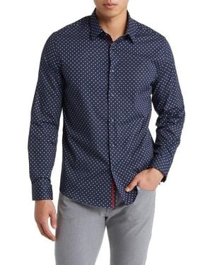 Stone Rose Painted Dot Print Stretch Cotton Button-Up Shirt - Blue