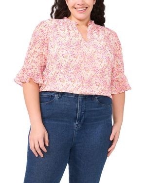 Cece Floral Ruffle Cuff Crepe Top - Pink