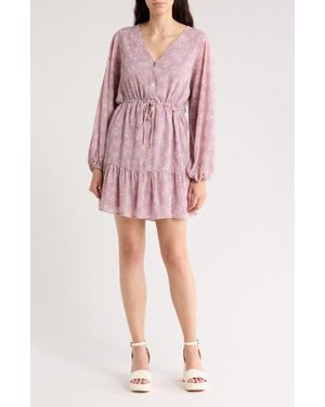 Wishlist Floral Button Front Long Sleeve Tiered Minidress - Pink