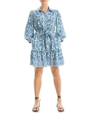 Max Studio Long Sleeve Button Front Crepe Dress - Blue