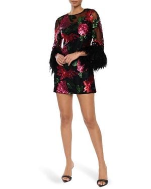 Likely Augustina Sequin Floral & Ostrich Feather Trim Long Sleeve Cocktail Minidress - Black