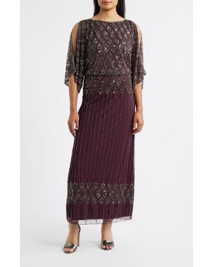 Pisarro Nights Beaded Blouson Split Sleeve Gown - Red