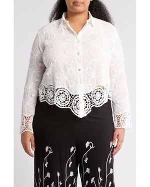 Forgotten Grace Floral Lace Trim Long Sleeve Button-Up Shirt - White
