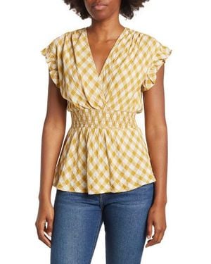 Max Studio Gingham Smocked Waist Flutter Blouse - Blue
