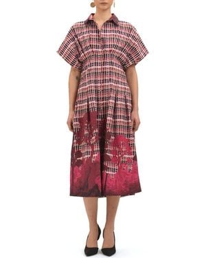 CELINA MOON Tartan Embroidered Short Sleeve Cotton Shirtdress