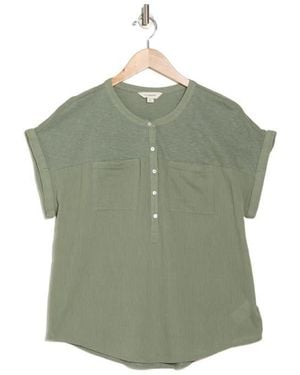 Lucky Brand Mixed Media Short Sleeve Cotton Henley Top - Green