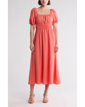 AUGUST SKY Puff Sleeve Midi Dress - Red