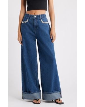 PTCL Embellished High Waist Cuffed Wide Leg Jeans - Blue