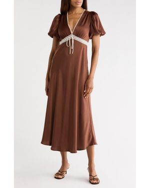 Wayf Lace Trim Puff Sleeve Midi Dress - Brown