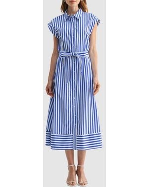 Mila + Mate Belted Striped Cotton Midi Shirtdress - Blue