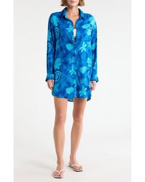 Boho Me Long Sleeve Cover-Up Button-Up Shirt - Blue