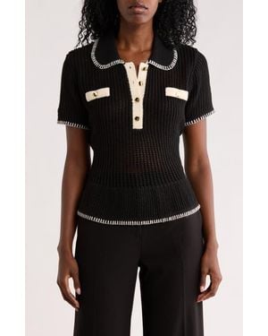 Adrianna Papell Open Stitch Polo Sweater - Black