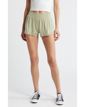 BDG Smocked Waist Lace Hem Cotton Shorts - Green