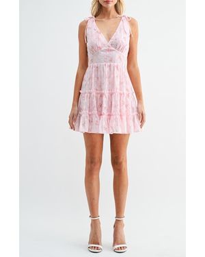 Lush Floral Print Embroidered Tiered Minidress - Pink