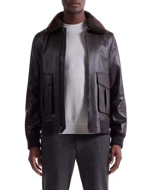 Bugatchi Leather Bomber Jacket With Removable Genuine Shearling Collar - Black