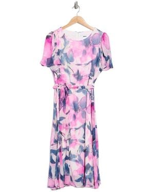 DKNY Floral Short Sleeve Godet Chiffon Midi Dress - White