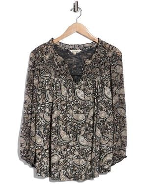 Lucky Brand Split Neck Smocked Long Sleeve Top - Gray