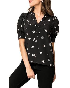 Gibsonlook Floral Print Woven Henley Blouse - Black