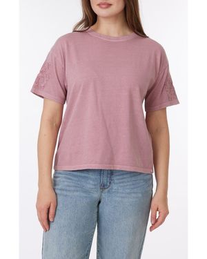 C&C California Toni Floral Embroidered Sleeve Boxy Cotton T-Shirt