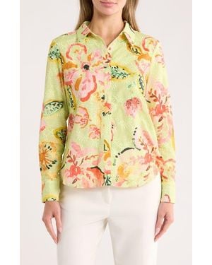 Nicole Miller Eyelet Embroidered Button-Up Shirt - Yellow