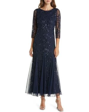 Pisarro Nights Illusion Sleeve Beaded A-Line Gown - Blue