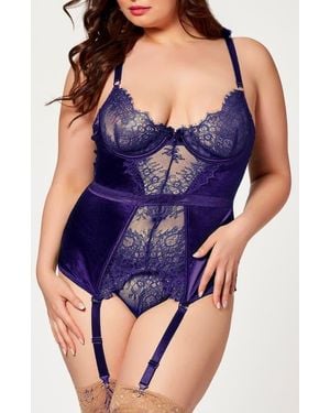 Seven 'til Midnight Satin & Lace Bustier With Garter Straps - Blue