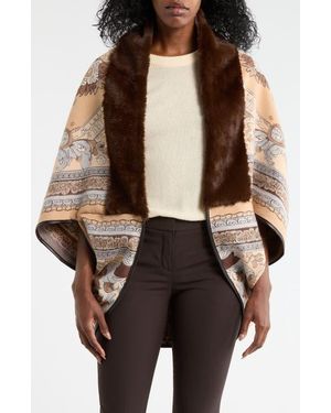 La Fiorentina Faux Fur Trim Cocoon Cape - Brown