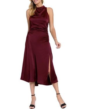London Times Mock Neck Ruched Asymmetric Midi Dress - Red