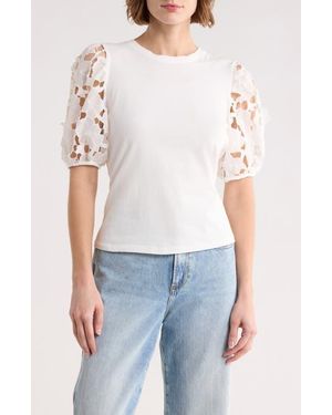 Ellen Tracy Mixed Media 3D Floral Sleeve Top - Natural