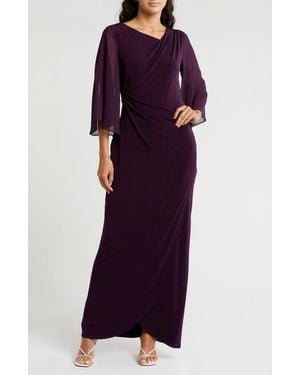 Connected Apparel Chiffon Cape Sleeve Side Ruched Gown - Purple