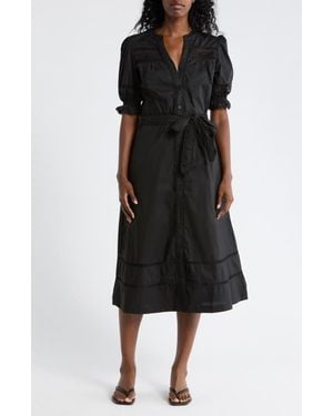 Ellen Tracy Rickrack Trim Puff Sleeve Cotton Poplin Dress - Black