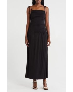 Loveappella Tie Strap Ruched Fit & Flare Midi Dress - Black