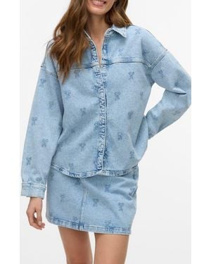 Vero Moda Embroidered Snap-Up Denim Shirt - Blue