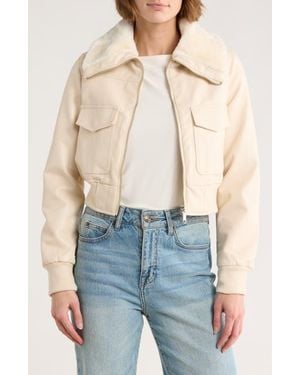 Vigoss Faux Fur Collared Faux Leather Dad Bomber Jacket - Natural